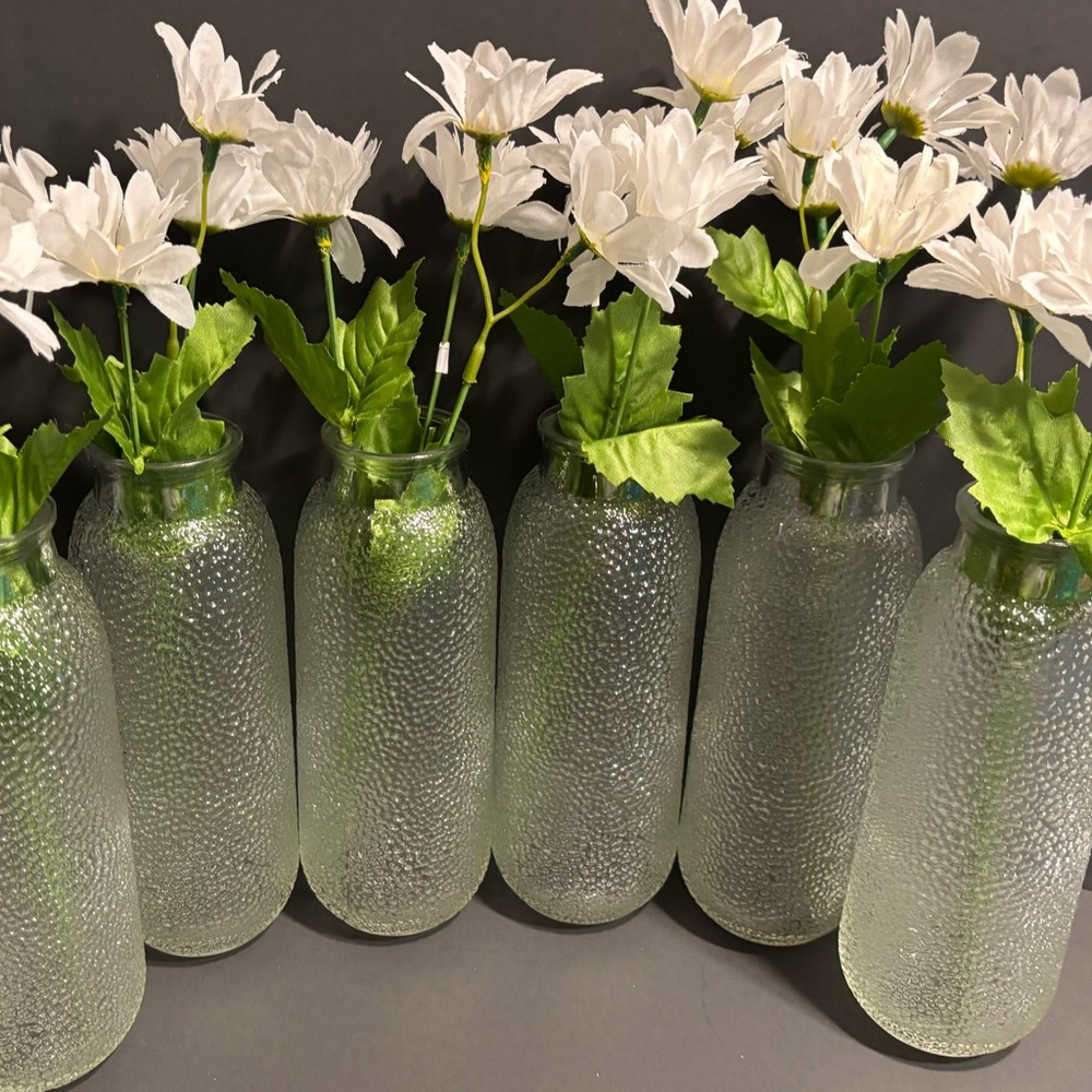 6 clear pebbled glass dimpled textured flower vases jars glasses art deco unique